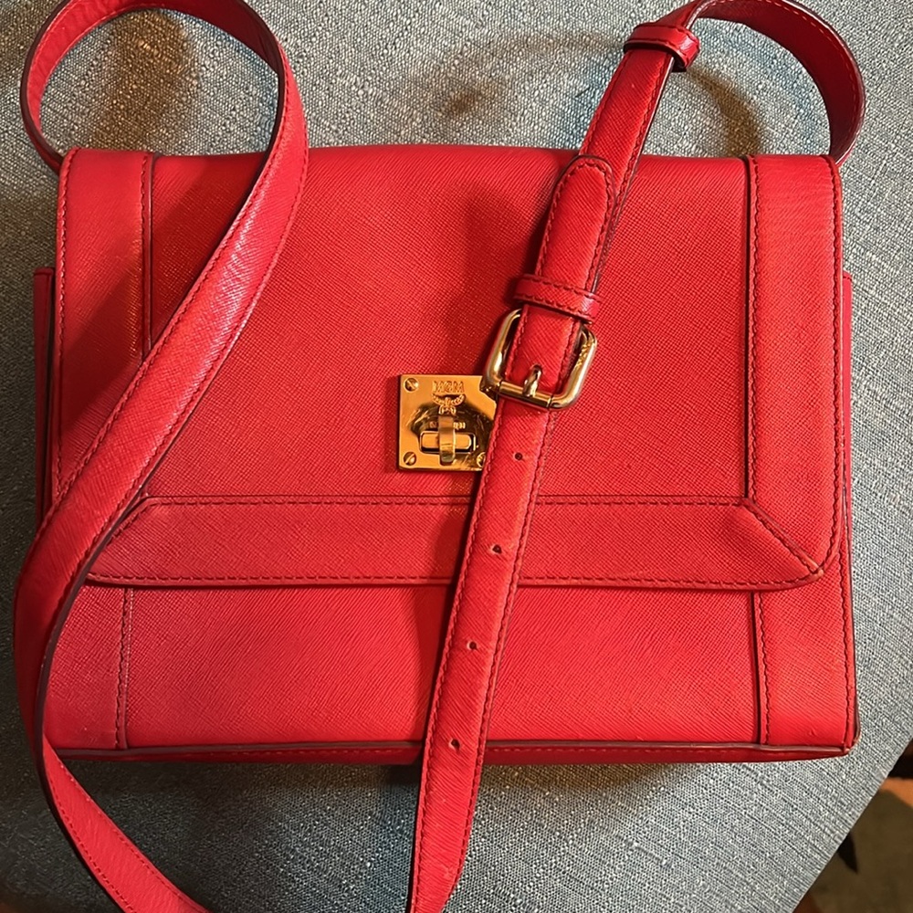 MCM Red Leather Crossbody Shoulder Bag EUC - Picture 12 of 13